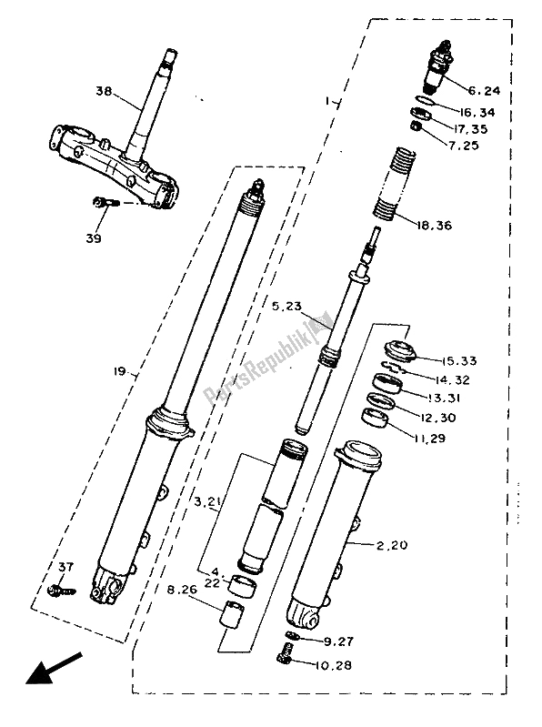 All parts for the Front Fork of the Yamaha FZ 750R 1989