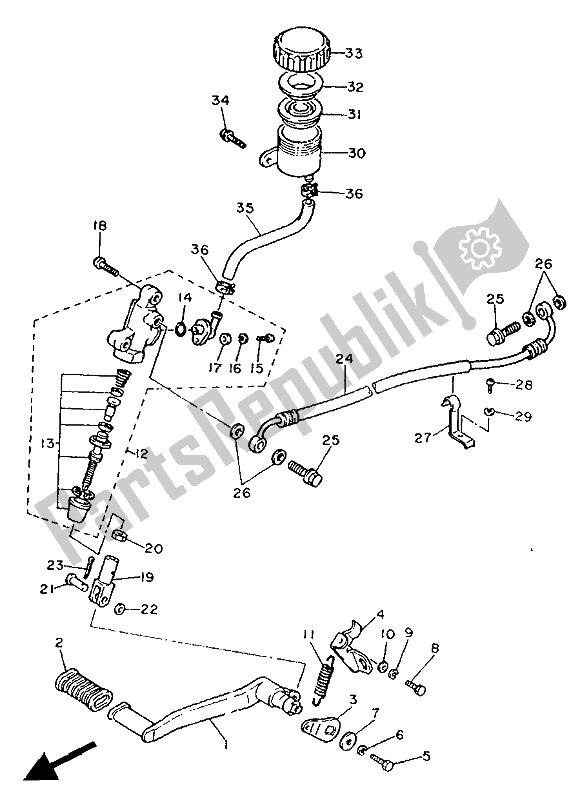 All parts for the Rear Master Cylinder of the Yamaha FZ 750 Genesis 1988