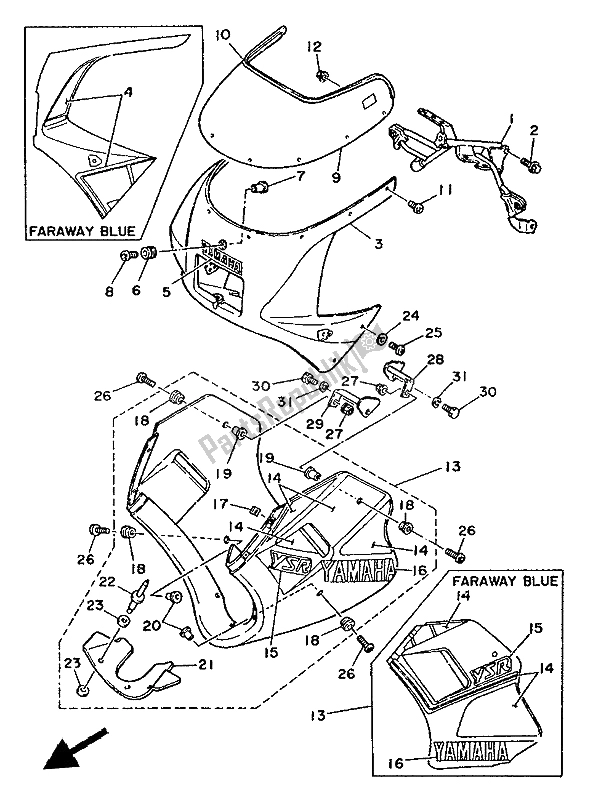 All parts for the Cowling 1 of the Yamaha YSR 80 1988