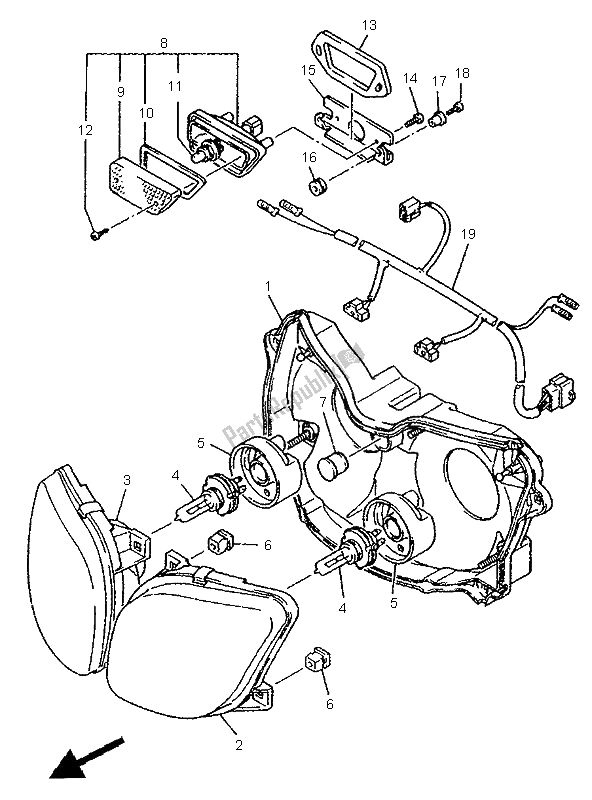 Alle onderdelen voor de Alternatieve Koplamp (uk) van de Yamaha FZR 1000 1995