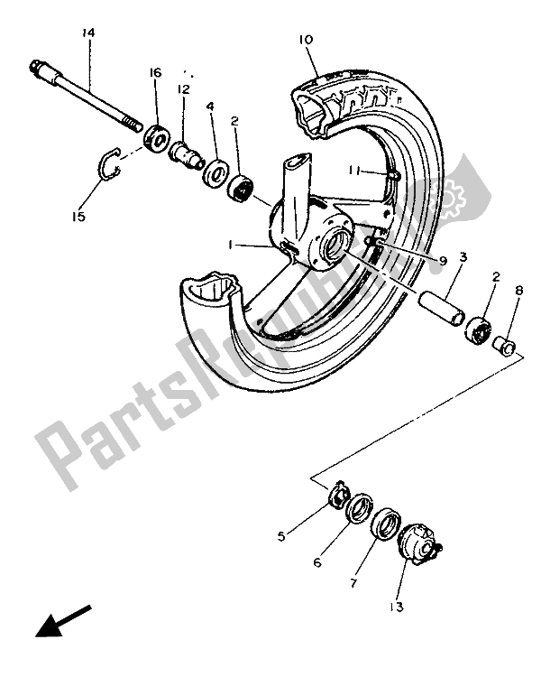 All parts for the Front Wheel of the Yamaha FZ 750R 1989