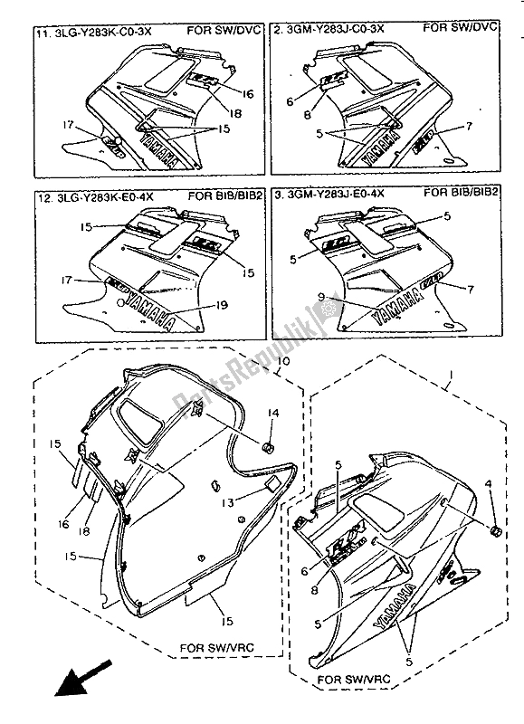 Alle onderdelen voor de Motorkap 2 van de Yamaha FZR 1000 1992