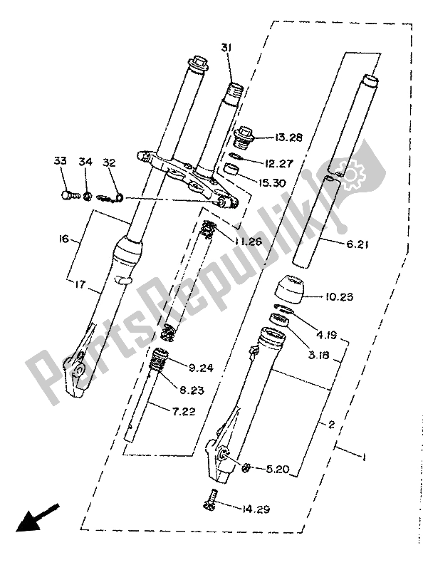 All parts for the Front Fork of the Yamaha PW 80 1993