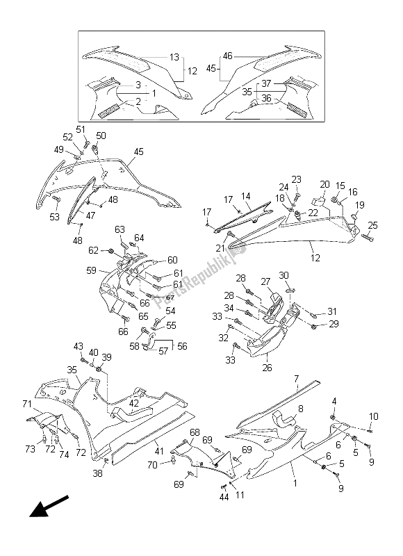 All parts for the Cowling 2 of the Yamaha YZF R6 600 2015