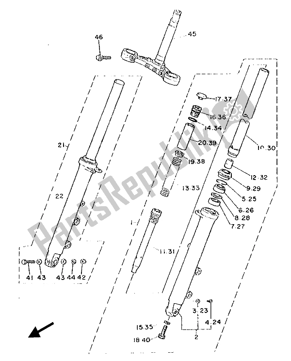 All parts for the Front Fork of the Yamaha SRX 600 1987