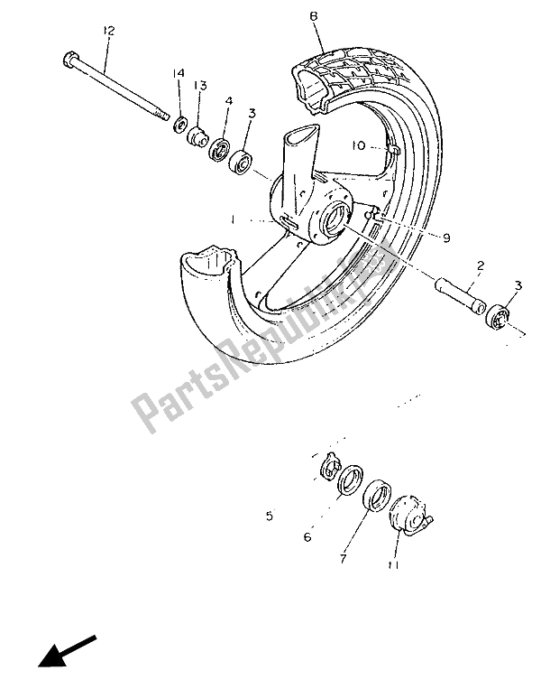 All parts for the Front Wheel of the Yamaha FZ 750 Genesis 1990