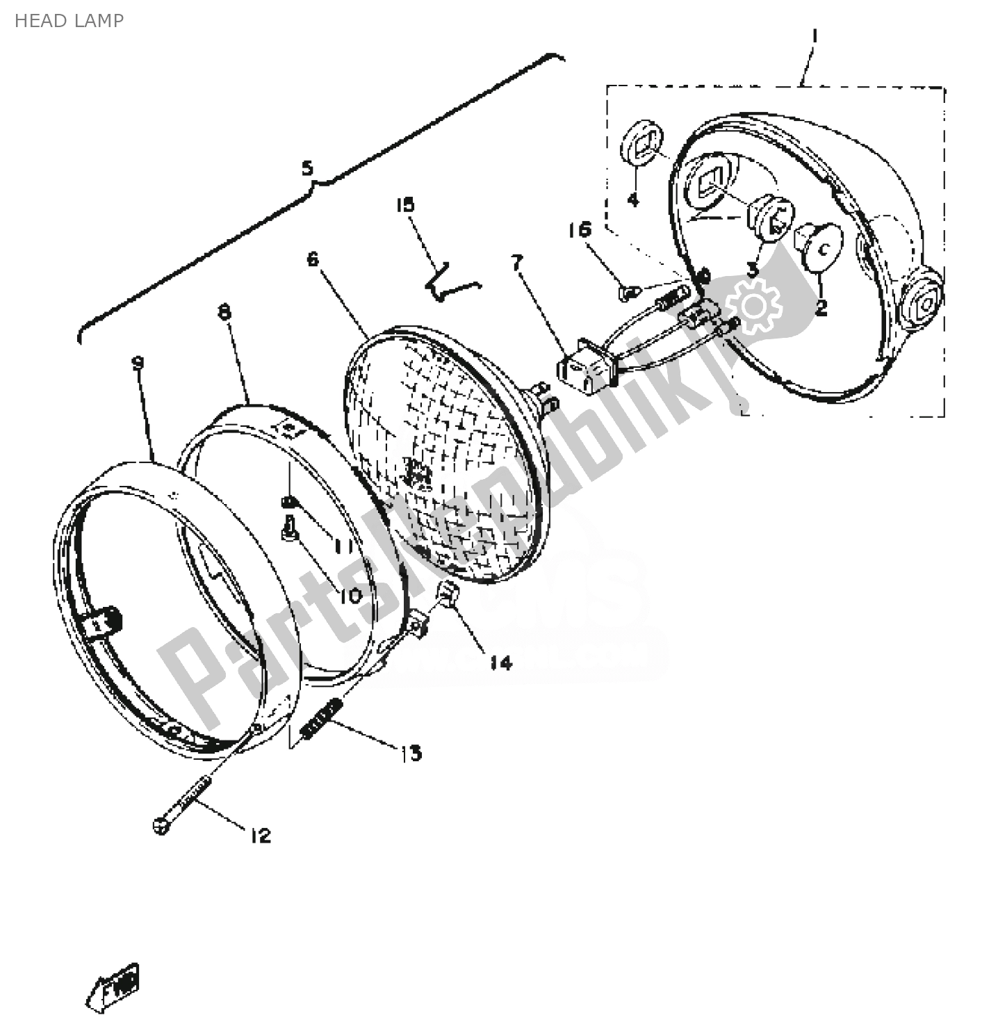 All parts for the Head Lamp of the Yamaha RD 400 1976 All parts for the Head Lamp of the Yamaha RD 400 1976