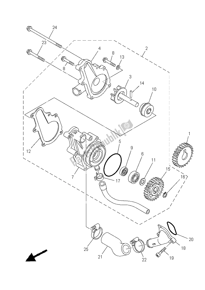 All parts for the Water Pump of the Yamaha YFM 700R 2015