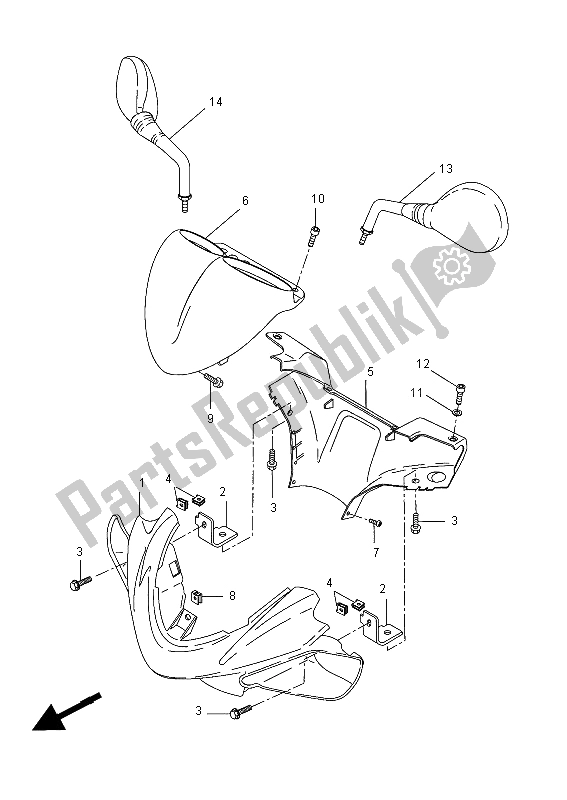 All parts for the Cowling 1 of the Yamaha YQ 50 Aerox 2012