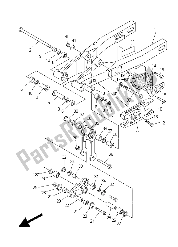 Alle onderdelen voor de Achterste Arm van de Yamaha YZ 85 SW LW 2012