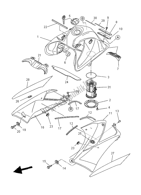 All parts for the Fuel Tank of the Yamaha XT 660X 2010