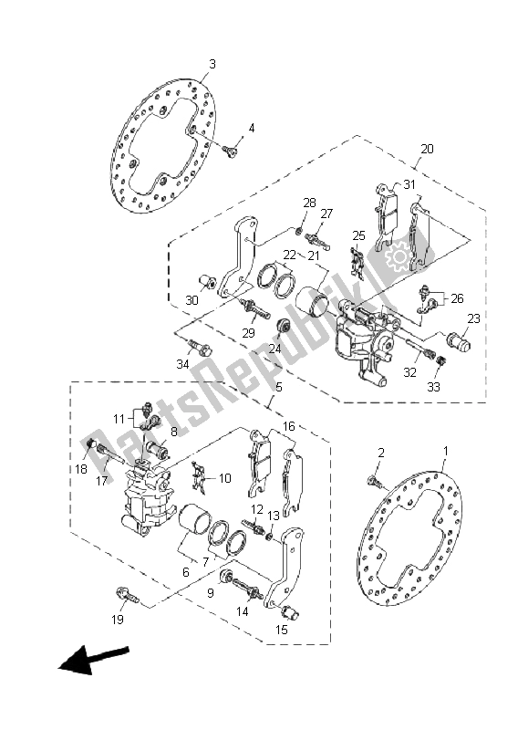 All parts for the Rear Brake Caliper of the Yamaha YFM 700F Grizzly EPS 2011