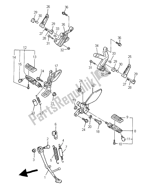 All parts for the Stand & Footrest of the Yamaha YZF 600R Thundercat 2002
