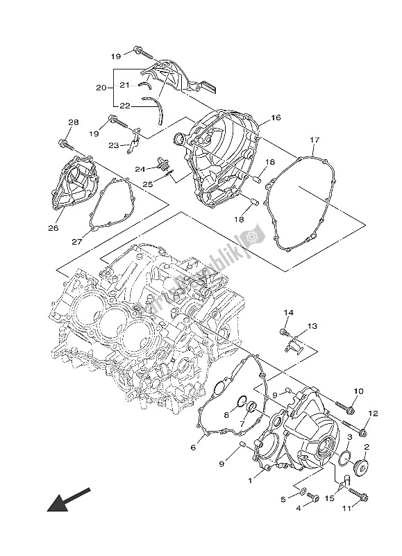 Alle onderdelen voor de Carterdeksel 1 van de Yamaha MT 09A 900 2016