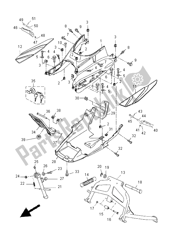 Alle onderdelen voor de Standaard & Voetensteun van de Yamaha YP 250R 2014