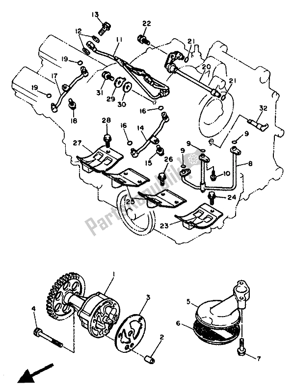 All parts for the Oil Pump of the Yamaha FZ 750 Genesis 1988