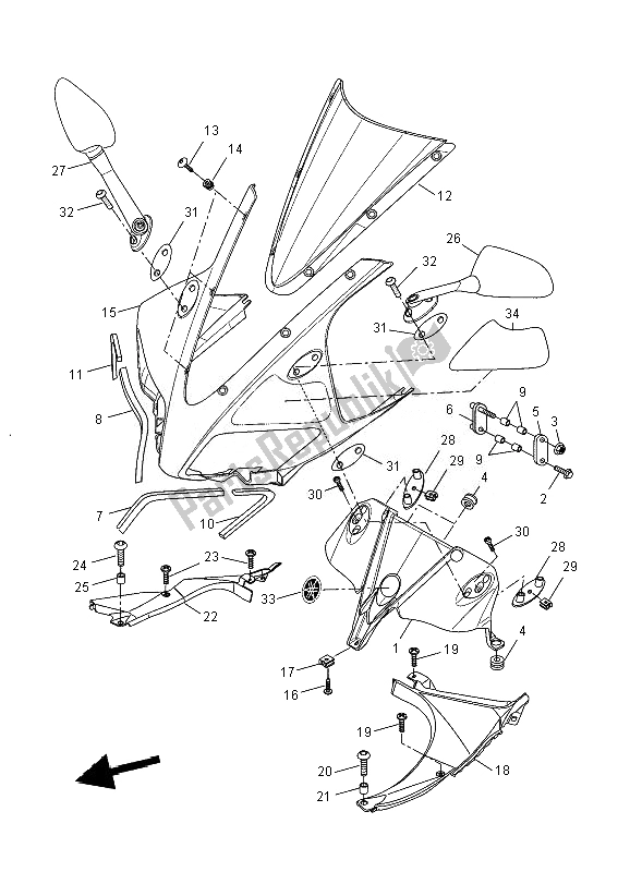 All parts for the Cowling 2 of the Yamaha YZF R 125 2010