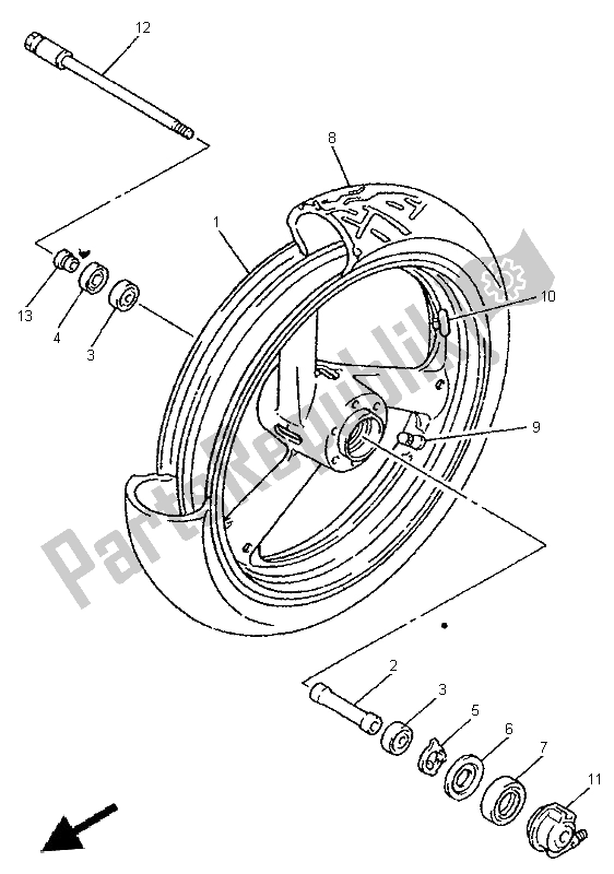 All parts for the Front Wheel of the Yamaha YZF 1000R Thunderace 1997