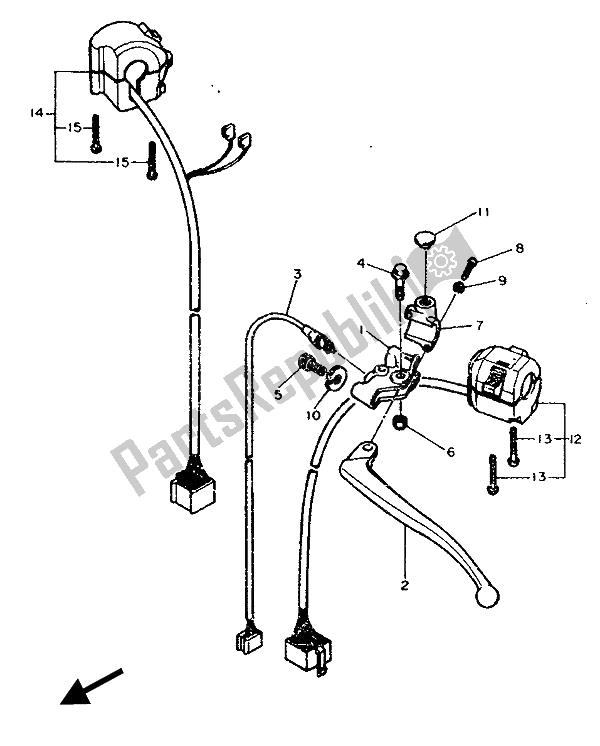 All parts for the Handle Switch & Lever of the Yamaha FZ 750R 1989