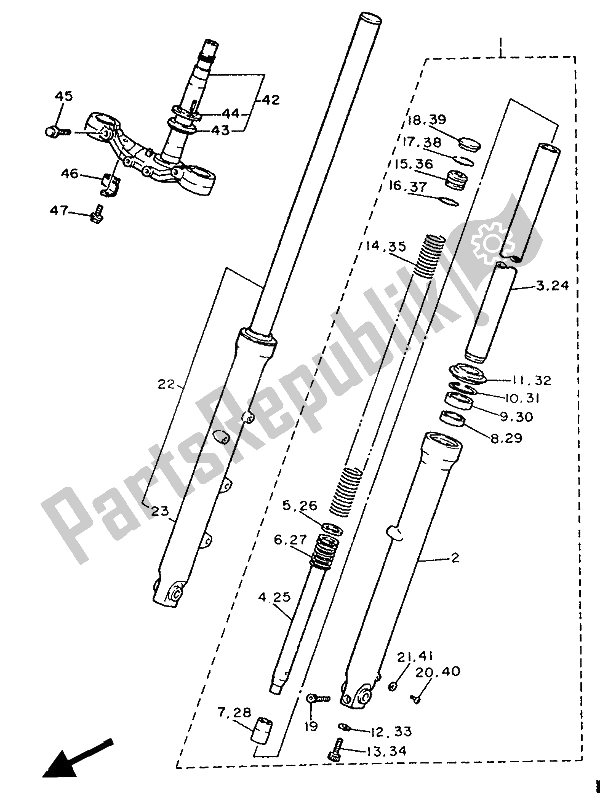 All parts for the Front Fork of the Yamaha XV 535 Virago 1990