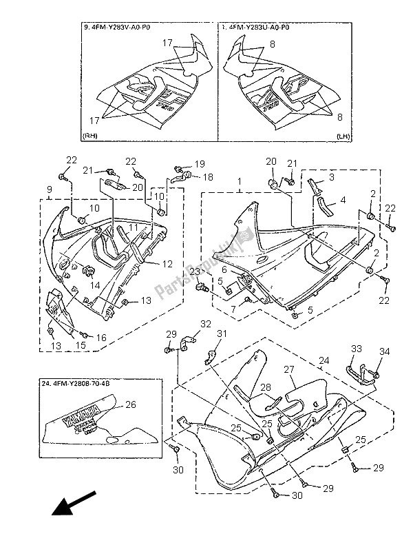 All parts for the Cowling 2 of the Yamaha YZF 750R 1996