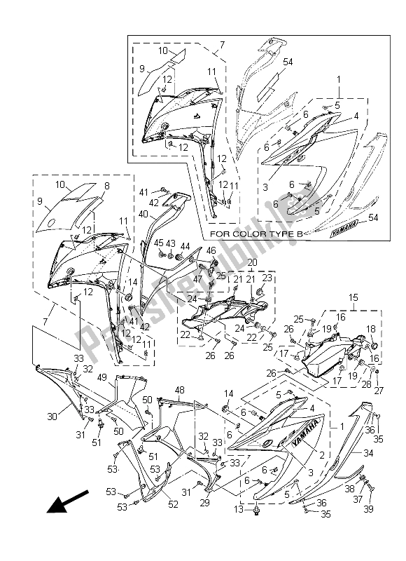 All parts for the Cowling 1 of the Yamaha YZF R3A 300 2015