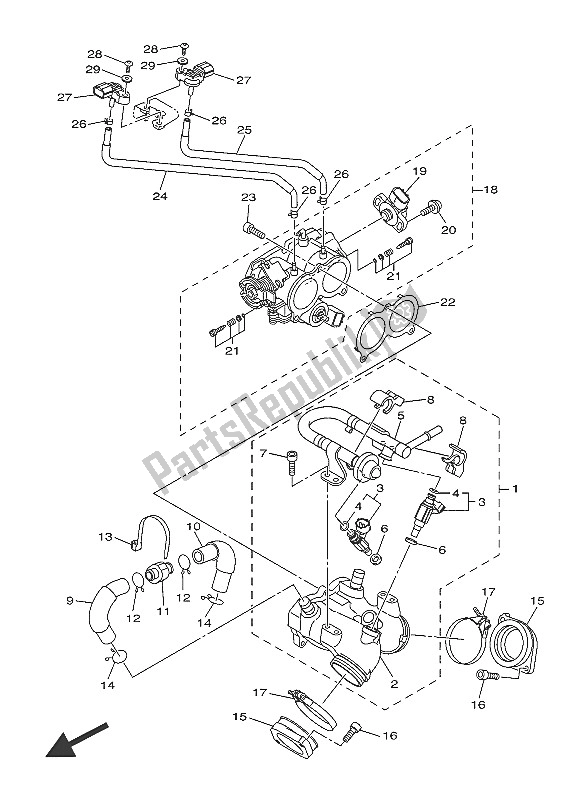 All parts for the Intake 1 of the Yamaha XVS 1300A 2016