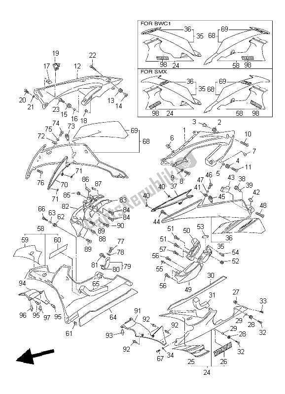 Alle onderdelen voor de Motorkap 2 van de Yamaha YZF R6 600 2010