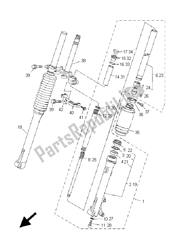 All parts for the Front Fork (large Wheel) of the Yamaha TT R 125 SW LW 2001