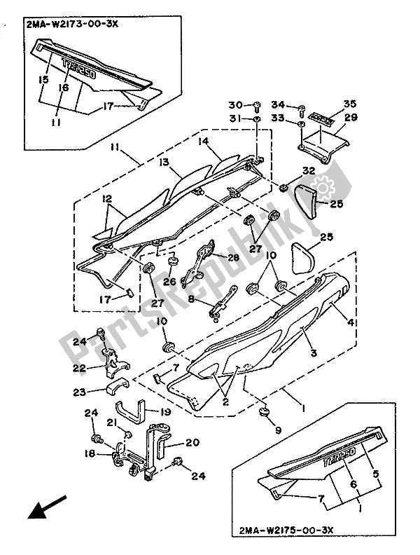 All parts for the Side Cover & Oil Tank of the Yamaha TZR 250 1987