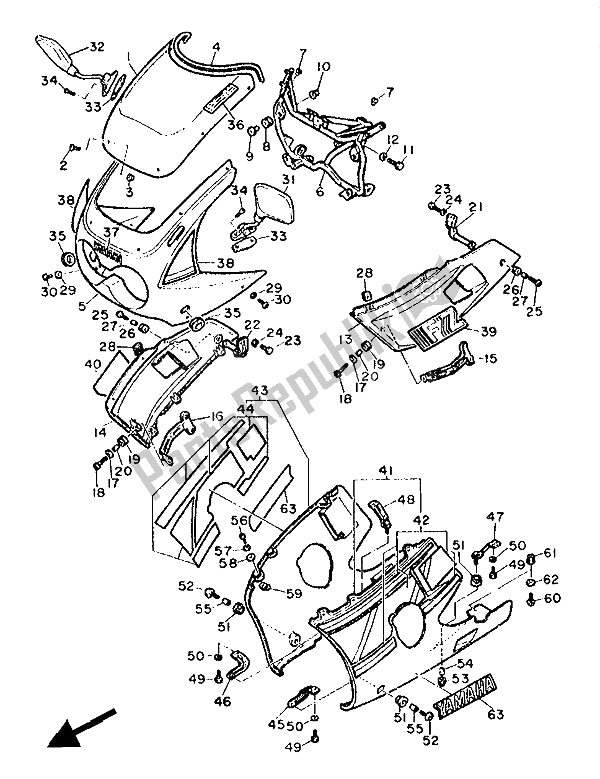 All parts for the Cowling 1 of the Yamaha FZ 600 1986