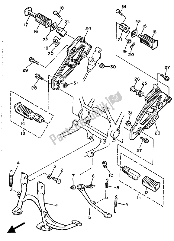 All parts for the Stand & Footrest of the Yamaha XJ 600 1989