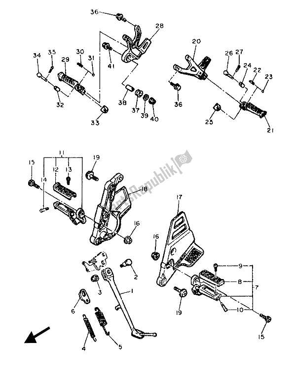 All parts for the Stand & Footrest of the Yamaha FZ 750 1987