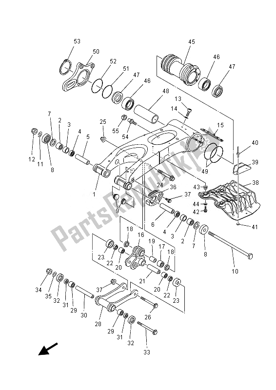 Alle onderdelen voor de Achterste Arm van de Yamaha YFZ 450 Rsed 2013