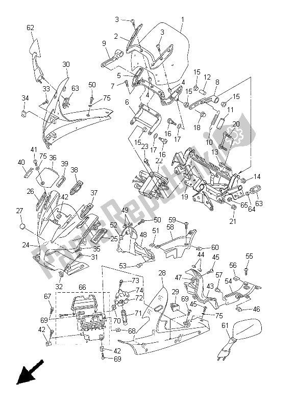 All parts for the Cowling 1 of the Yamaha FJR 1300A 2005