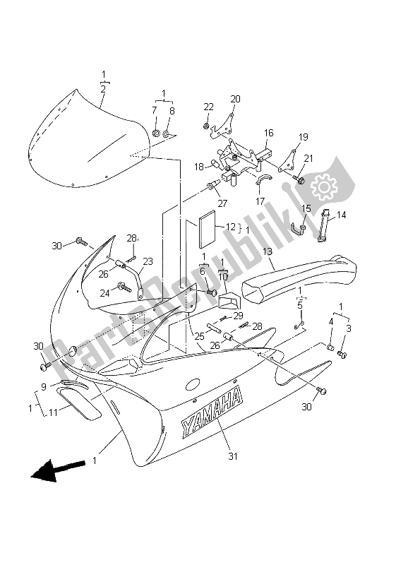 All parts for the Cowling 1 of the Yamaha TZ 250 2002