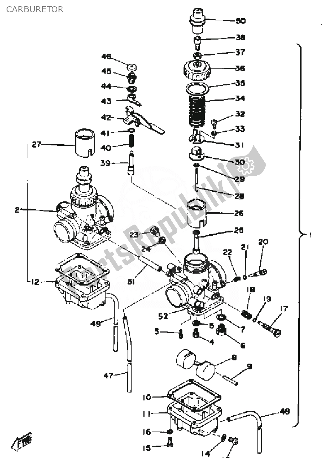 Todas as partes de Carburador do Yamaha RD 400 1976
