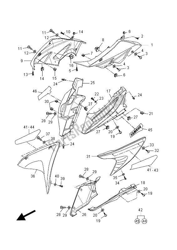 All parts for the Cowling 1 (mnm3-vyr1) of the Yamaha YZF R 125A 2015