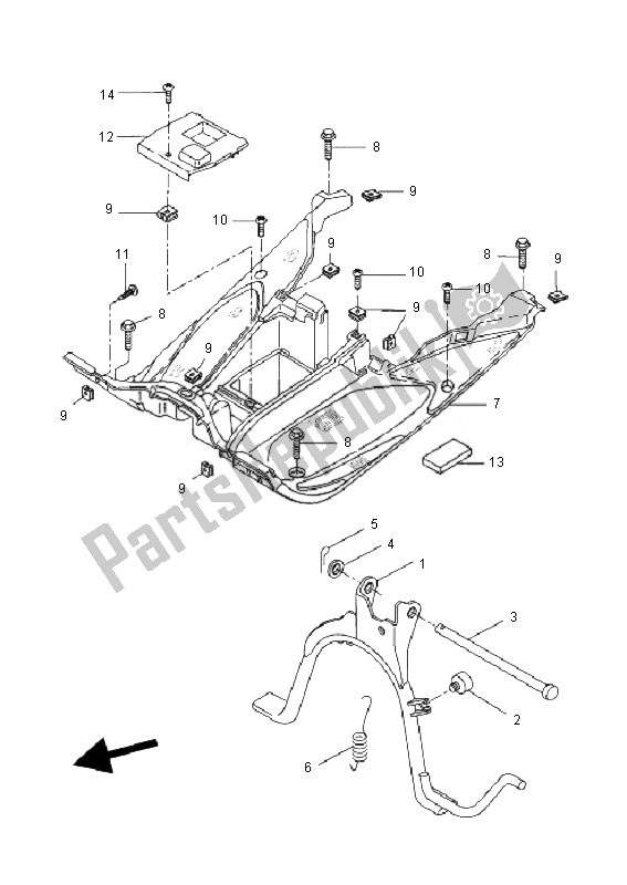 All parts for the Stand & Footrest of the Yamaha YQ 50 Aerox 2010