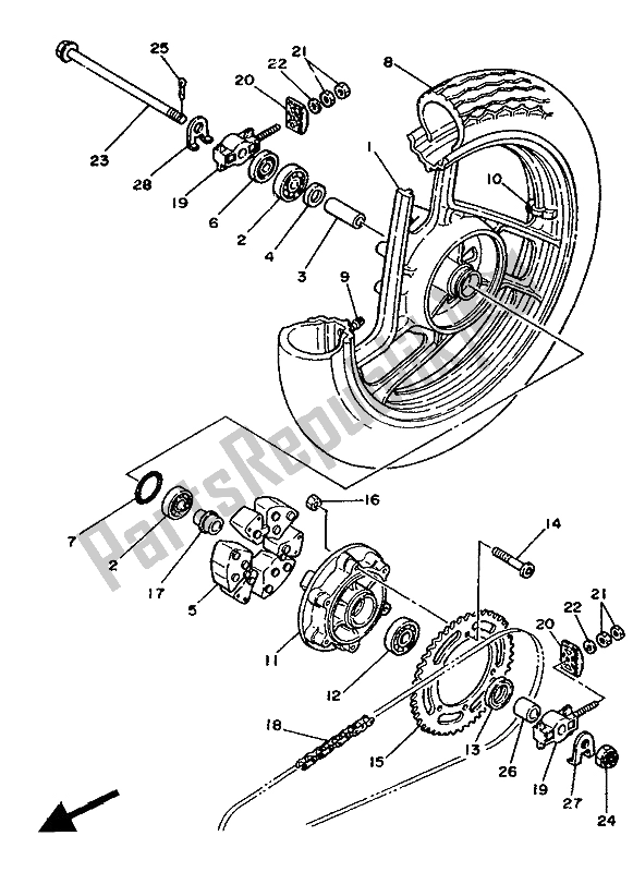 Alle onderdelen voor de Achterwiel van de Yamaha RD 350 LCF 1988