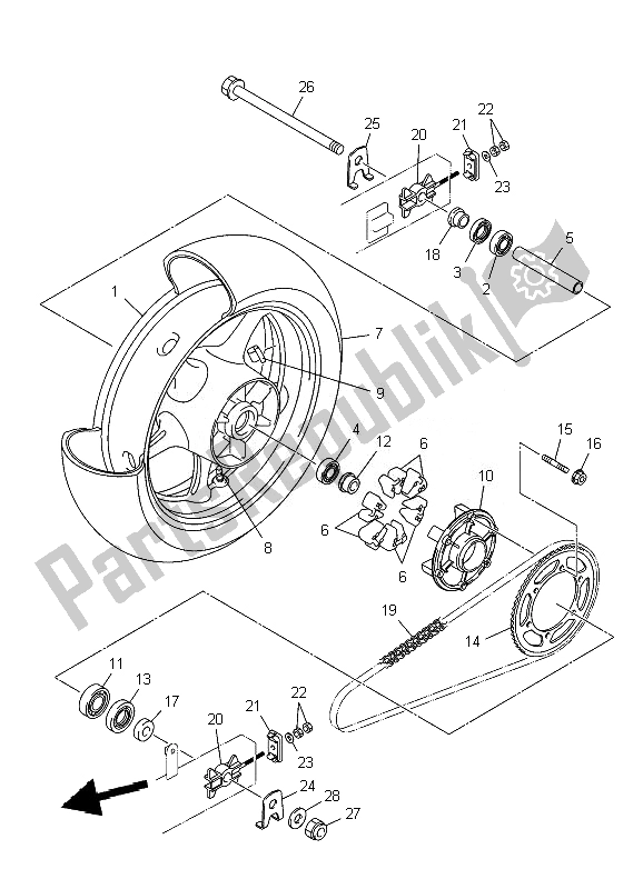 Todas as partes de Roda Traseira do Yamaha XJ6S Diversion 600 2010