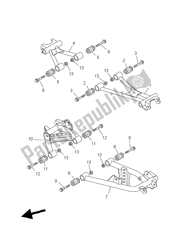 Alle onderdelen voor de Achterste Arm van de Yamaha YFM 450 FWA Grizzly 4X4 2014