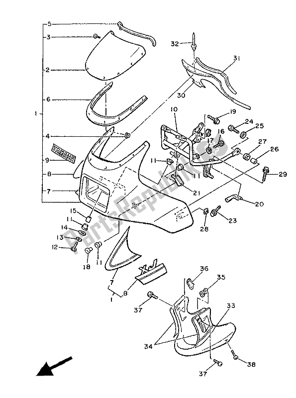 All parts for the Cowling 1 of the Yamaha XJ 600 1986