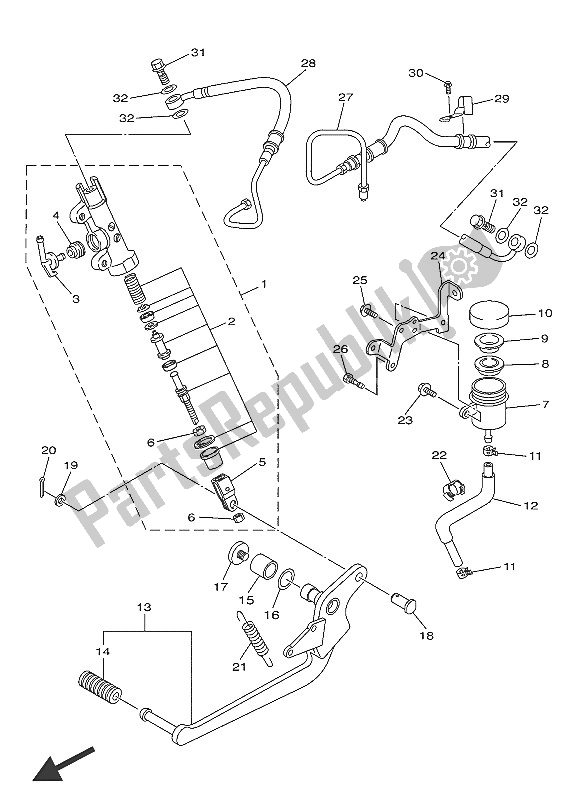 Alle onderdelen voor de Achterste Hoofdcilinder van de Yamaha XJ6 SA 600 2016