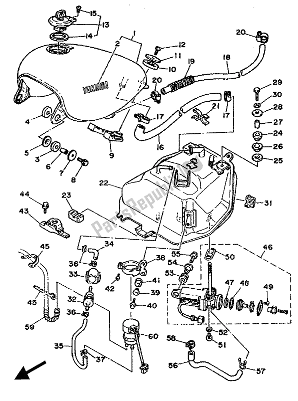 All parts for the Fuel Tank of the Yamaha XV 535 Virago 1989