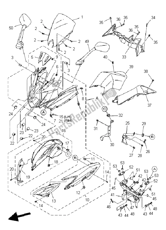 All parts for the Cowling 1 of the Yamaha XJ6F 600 2010