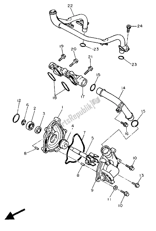 All parts for the Waterpump of the Yamaha FZ 750 Genesis 1988