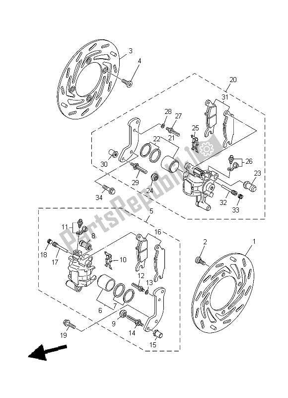 All parts for the Front Brake Caliper of the Yamaha YFM 550 FWA Grizzly 4X4 2014