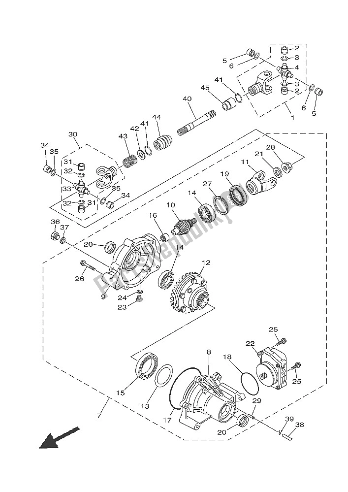 All parts for the Front Differential of the Yamaha YFM 450 FWA Grizzly 4X4 2016