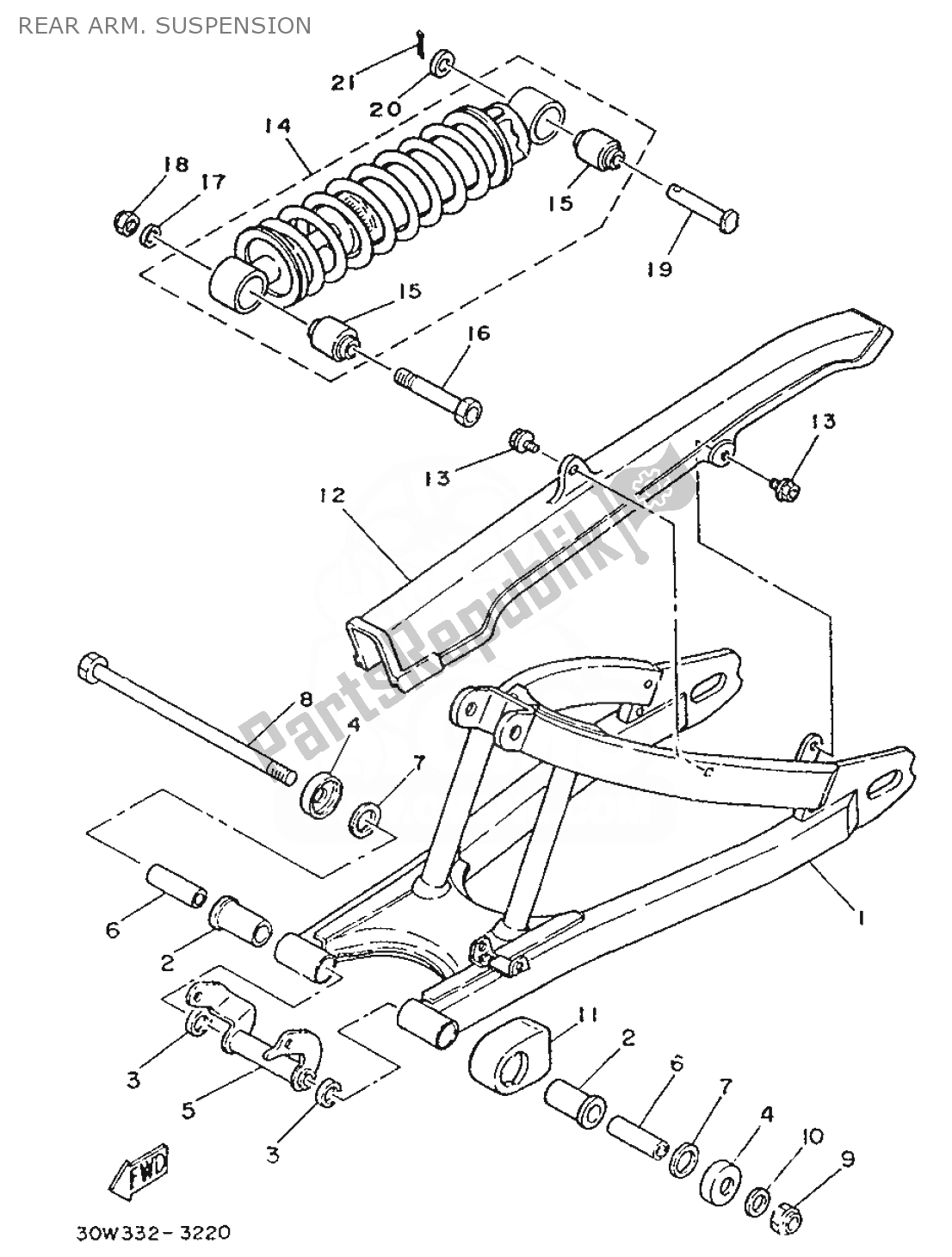 Alle onderdelen voor de Rear Arm. Suspension van de Yamaha RD 75 1991